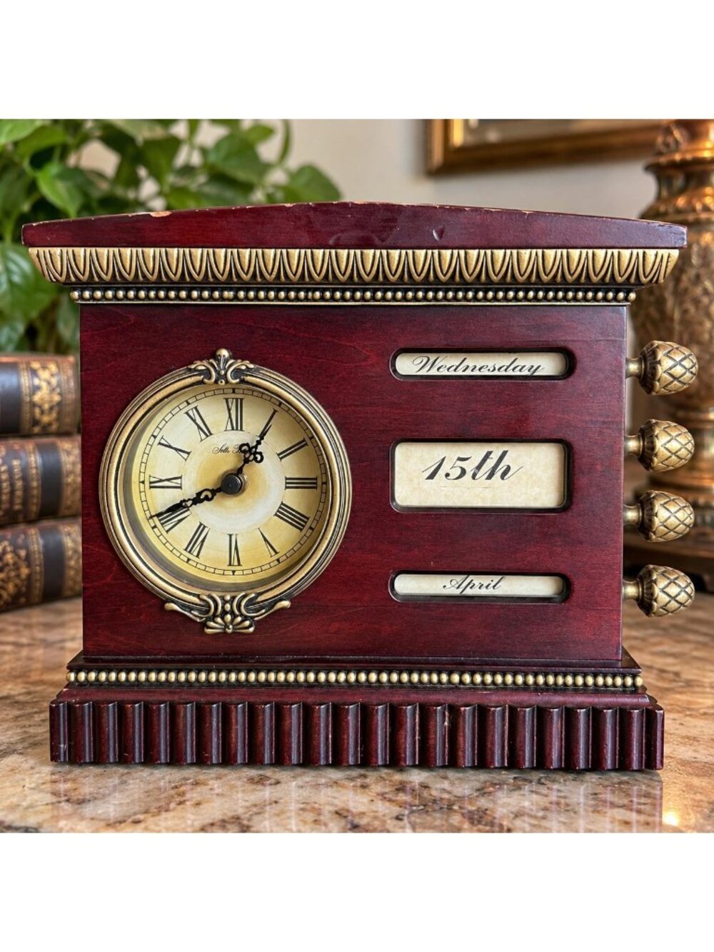 Seth Thomas Perpetual Calendar Mantle Clock Burgundy Face Brass Tone Trim
